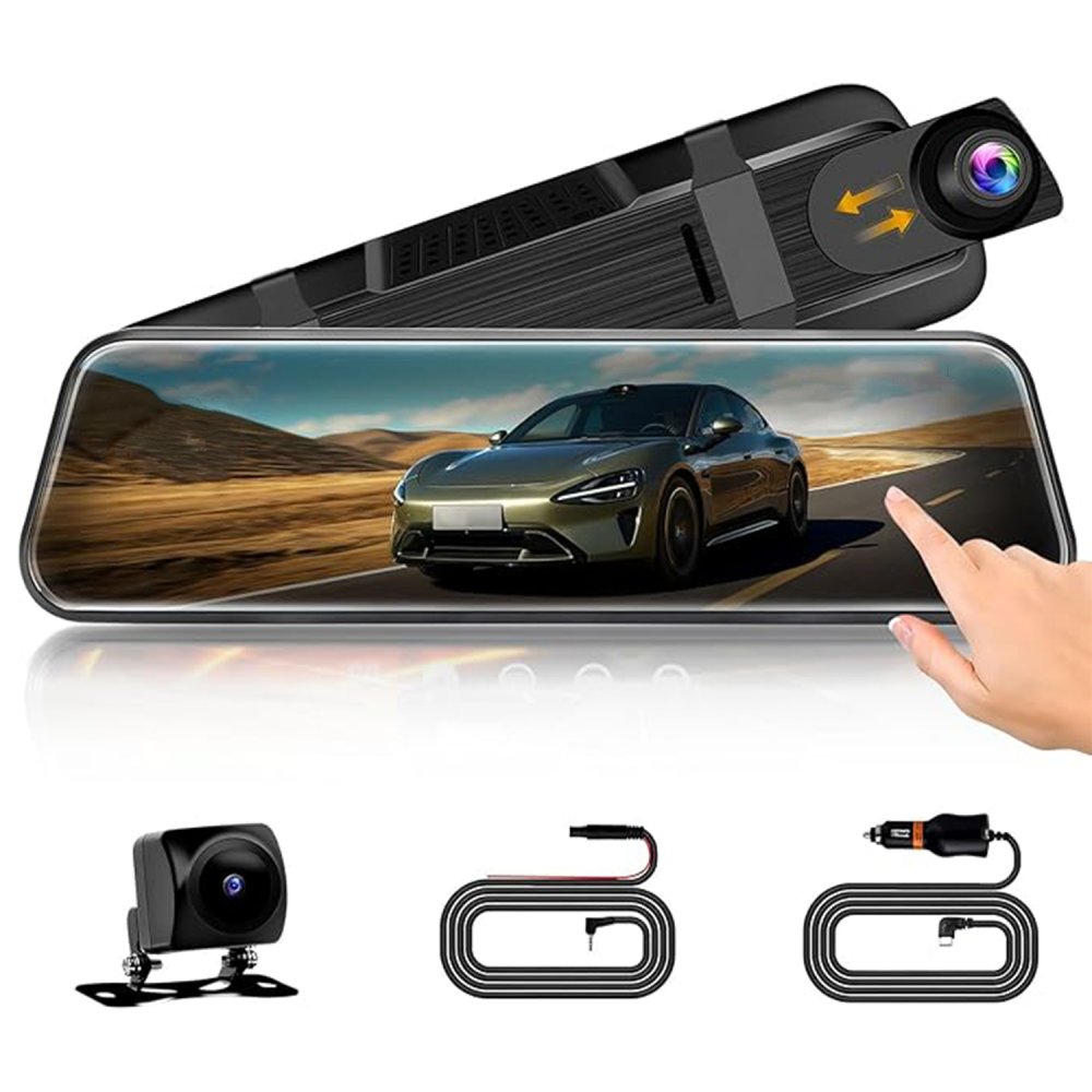 Mirror Dash Cam with 10 Inch Touch Screen, 1080p Full HD Front and Rear Camera, Night Vision, G-Sensor, Parking Monitor, WDR, Anti-Glare