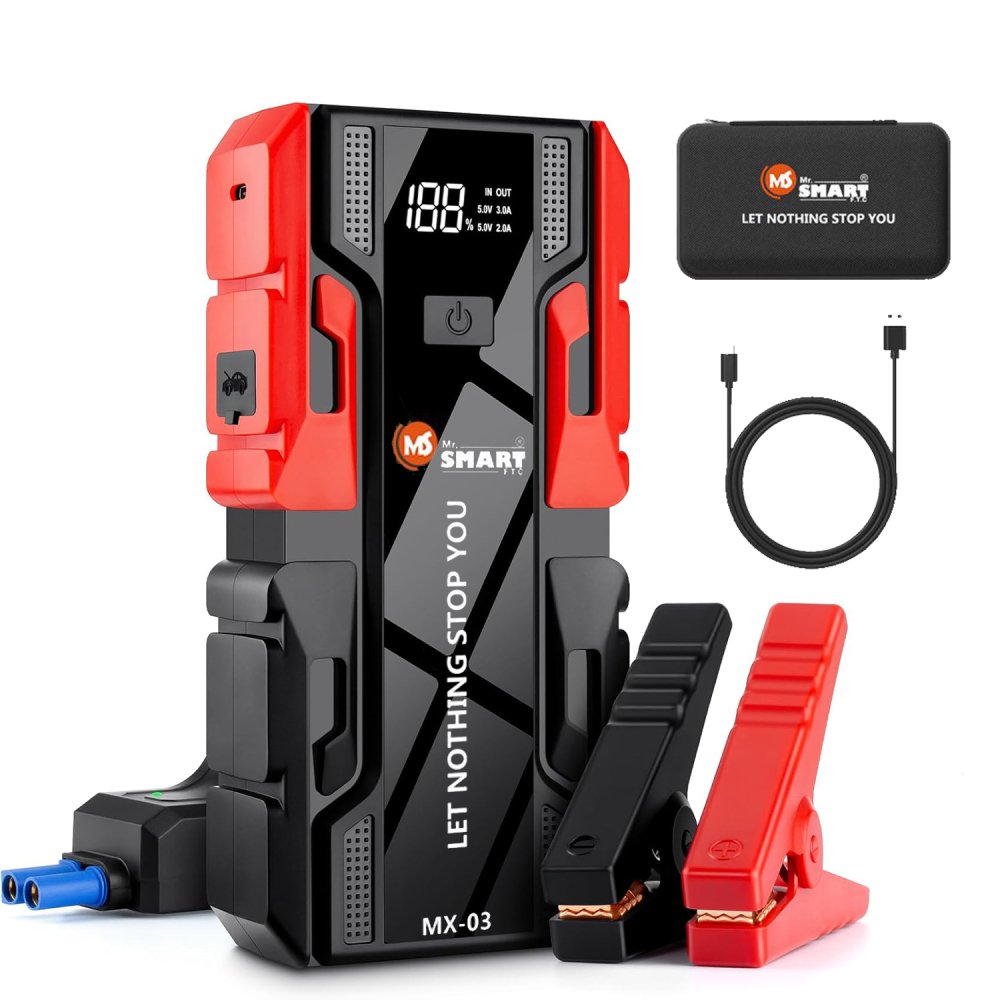 Mr Smart Car Jump Starter, 10000mAH Peak Current, 12V Battery Booster with LED Light, Type-C Port, Compatible with Cars, SUVs, Trucks