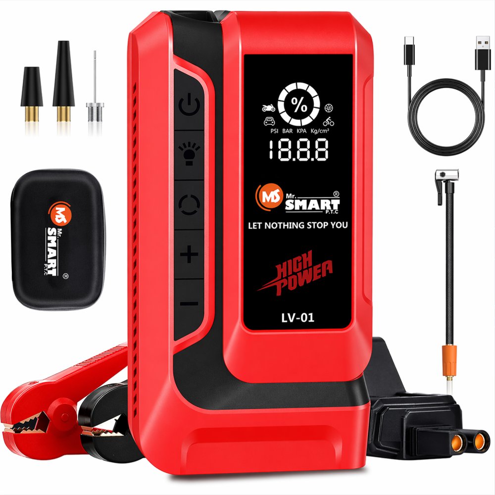 Mr. Smart LV-01 Car Jump Starter, 6000A High Power, 12V, with Air Compressor and 400-Lumen LED Flashlight