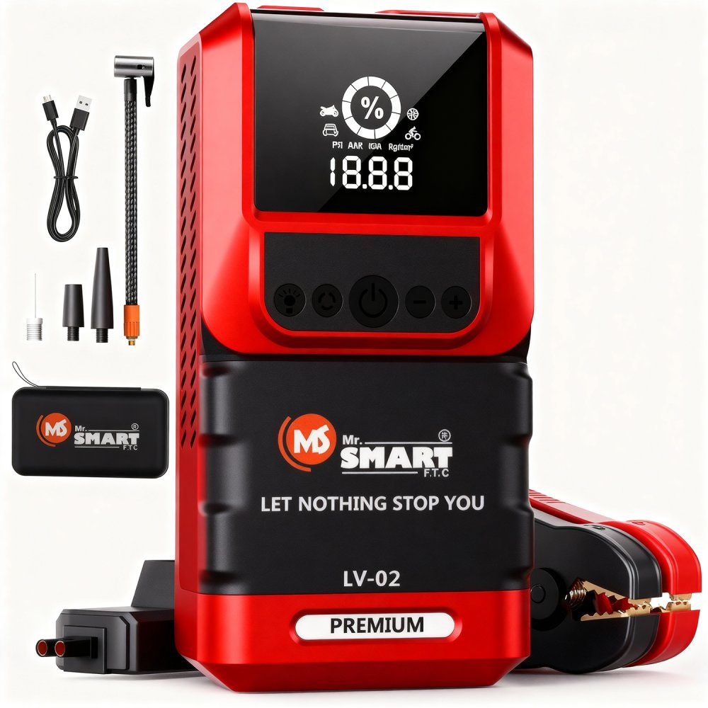 Mr. Smart Car Jump Starter, 10.0L Gas/8.0L Diesel, LCD Display, 60 Starts, Premium Safety Technology