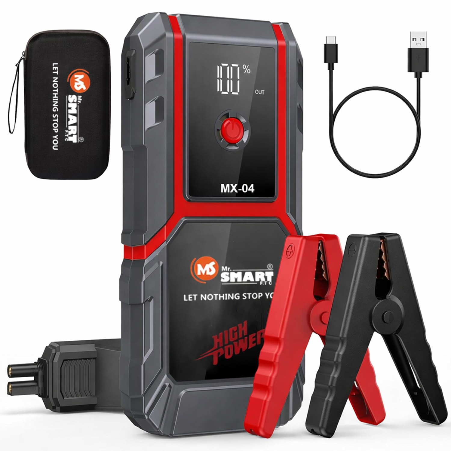 Mr. Smart MX-04 Jump Starter, 5000A Peak, for Cars, SUVs, Trucks and Motorbikes, with LED Display, USB Charging Ports, Carrying Case
