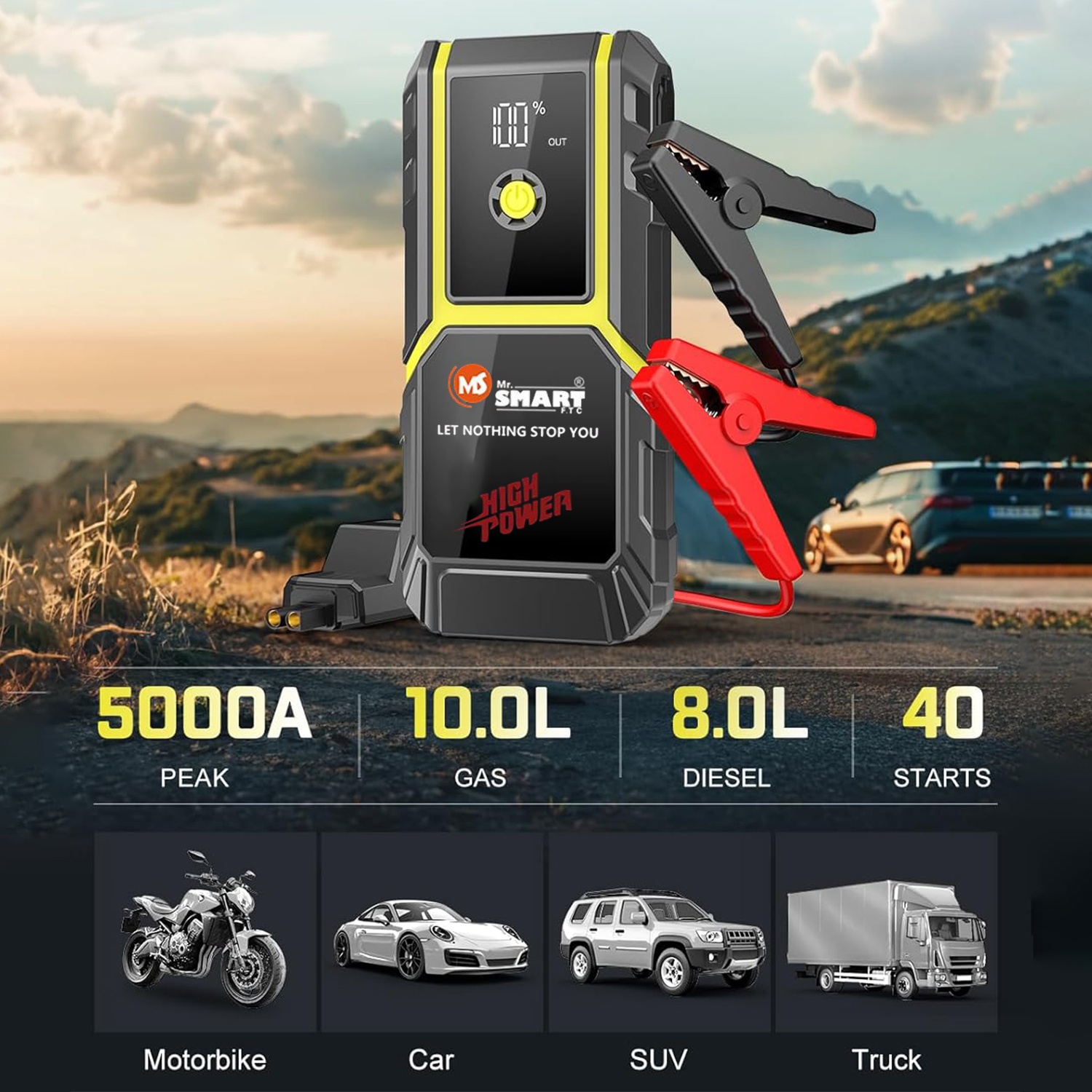Mr. Smart MX-04 Jump Starter, 5000A Peak, for Cars, SUVs, Trucks and Motorbikes, with LED Display, USB Charging Ports, Carrying Case