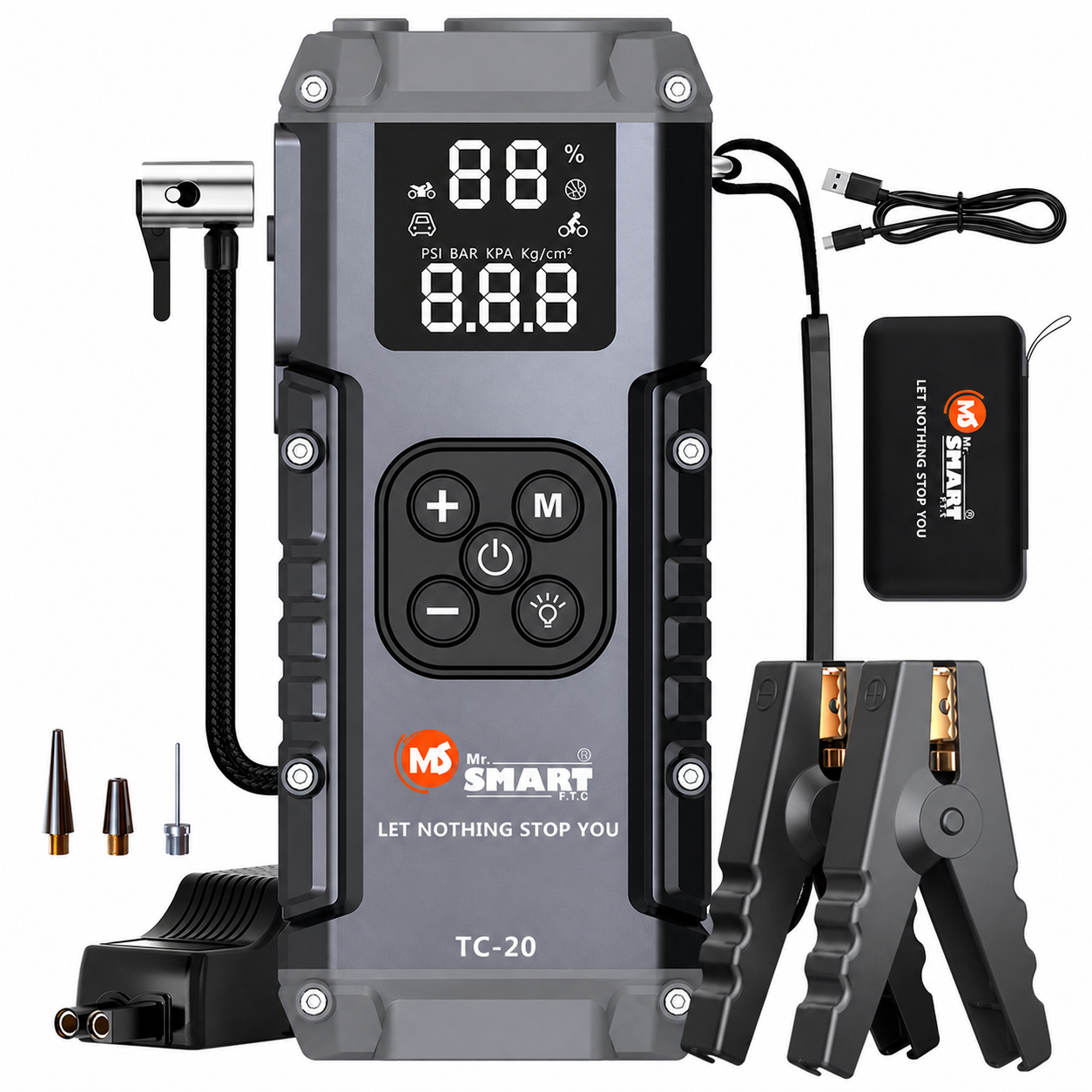 Mr. SMART TC-20 Jump Starter with Air Compressor, 20000mAh Power Bank, Digital Display, for Cars and Motorcycles