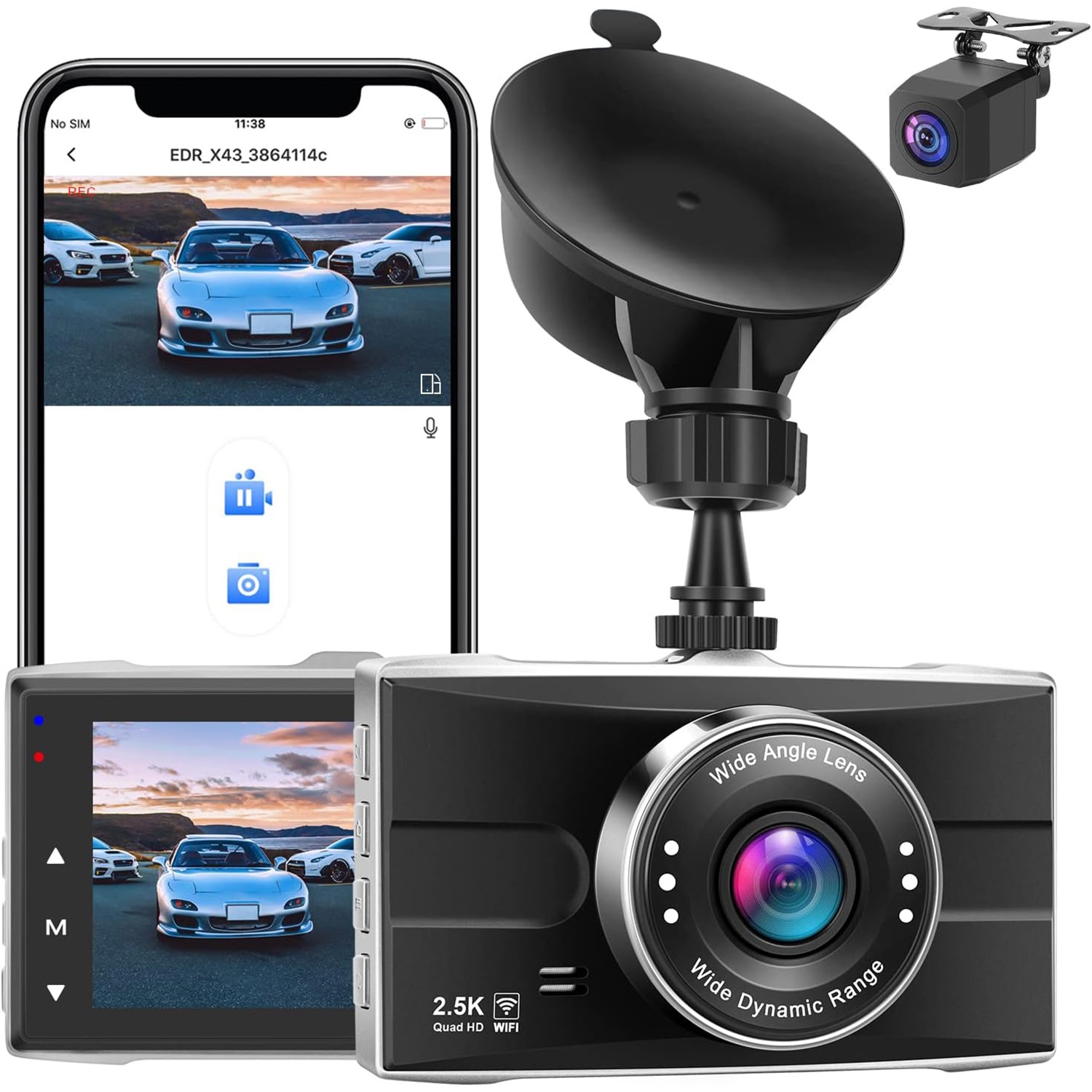 K16 HD Dash Cam with 2.5K Resolution, Dual Camera Front and Rear, Wide Angle Lens, WiFi, SD Card Support