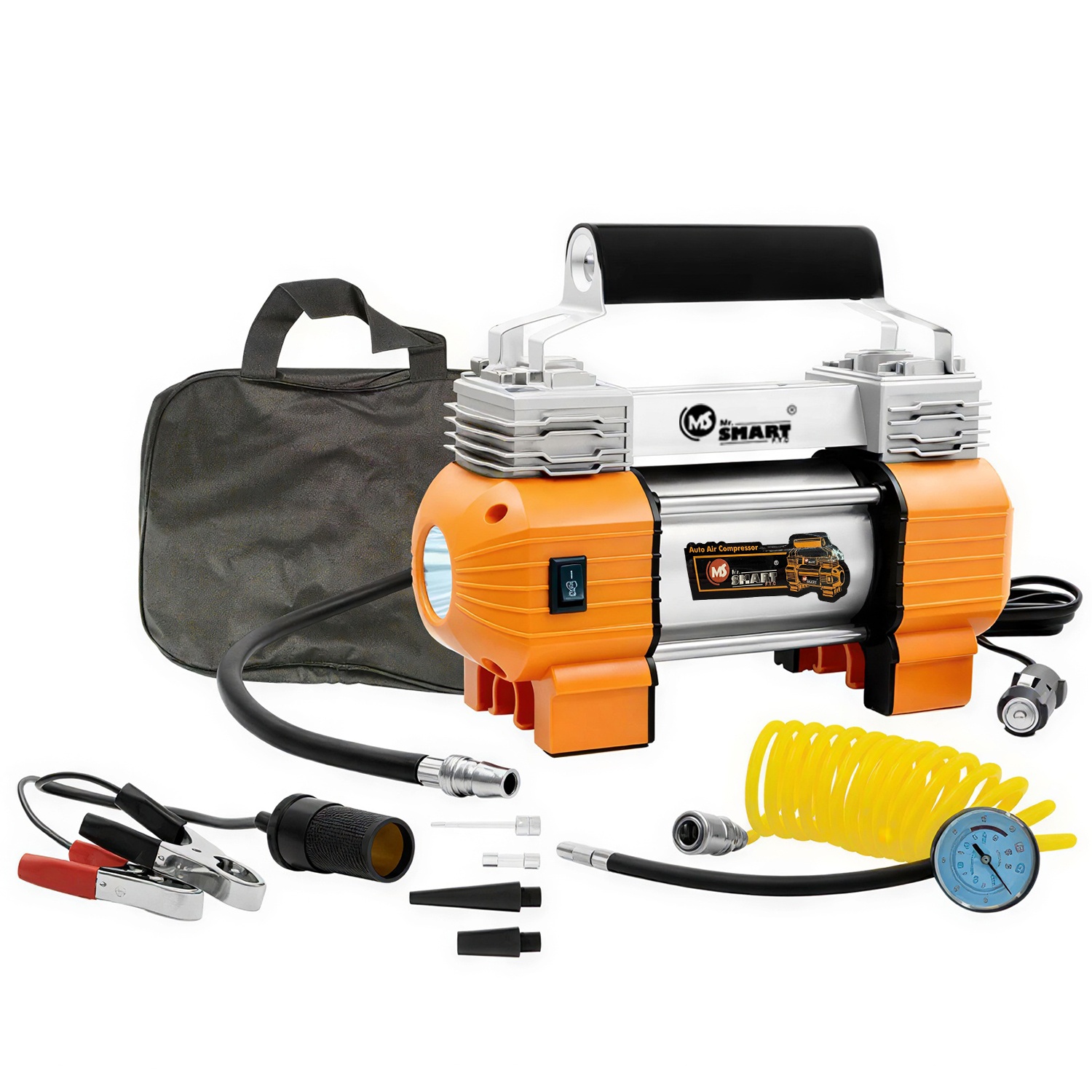 Mr Smart Portable Air Compressor with LED Light, Multi-Purpose Tyre Inflator, 12V DC Car Pump with Accessories Kit and Carry Bag