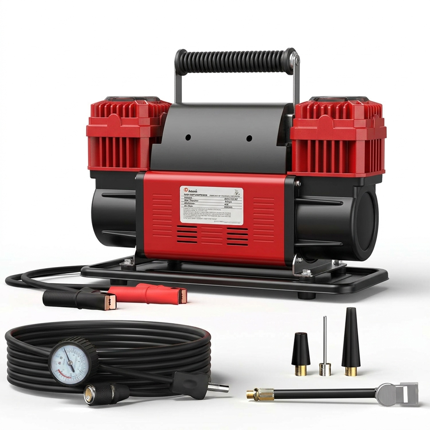 MS-180R Portable Dual Cylinder Air Compressor, with 26ft Coil Hose, Metre Gauge and 3 Nozzle Adapters