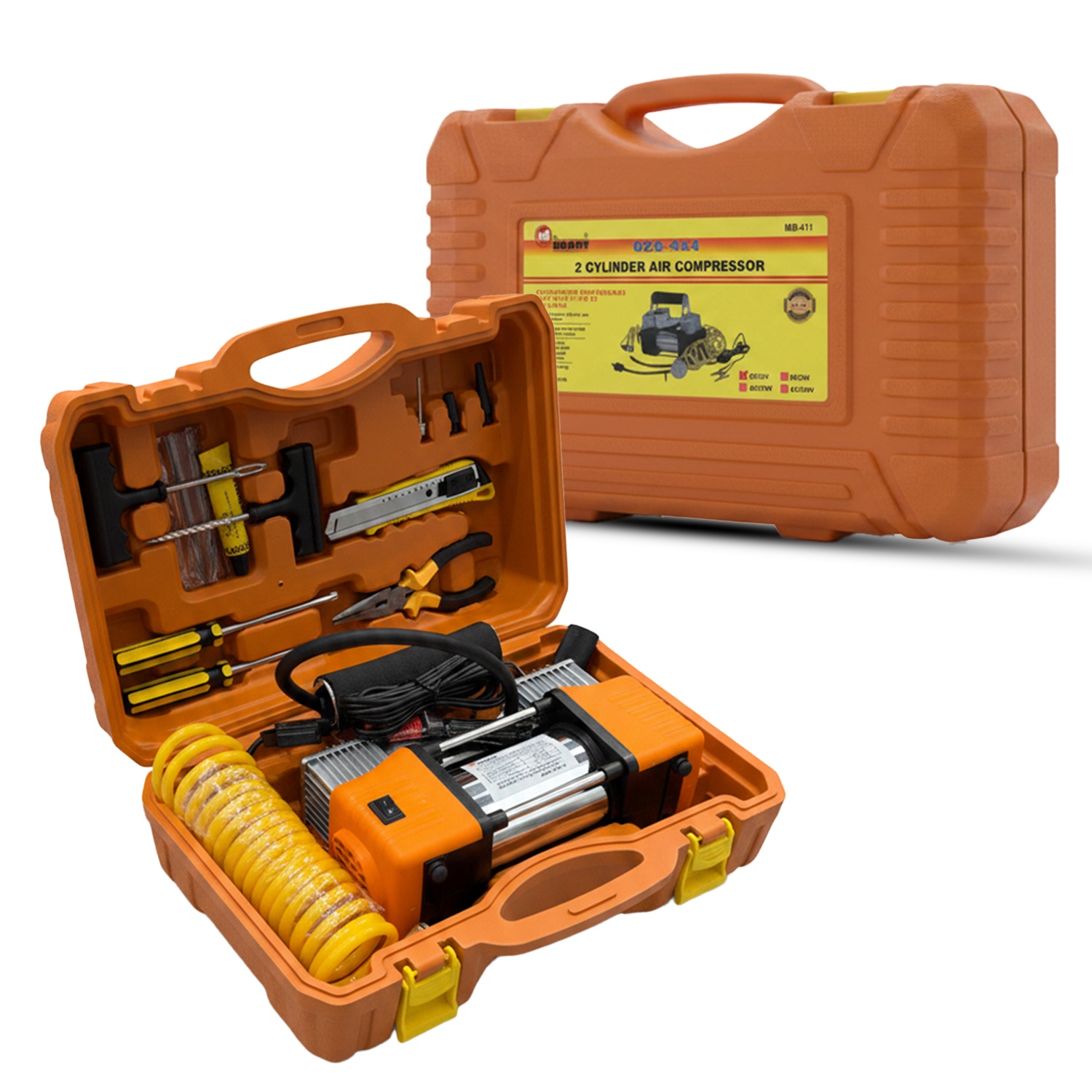 MR-SMART 2 Cylinder Heavy Duty Air Compressor Kit, 12V, with Tyre Repair Tools, Coil Hose, and Multiple Nozzles, Orange