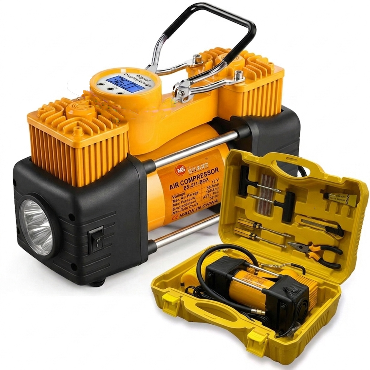 Portable Dual Cylinder Car Air Compressor, 12V, LCD Digital Screen, Built-in Flashlight, Fast Inflation, with Carry Case