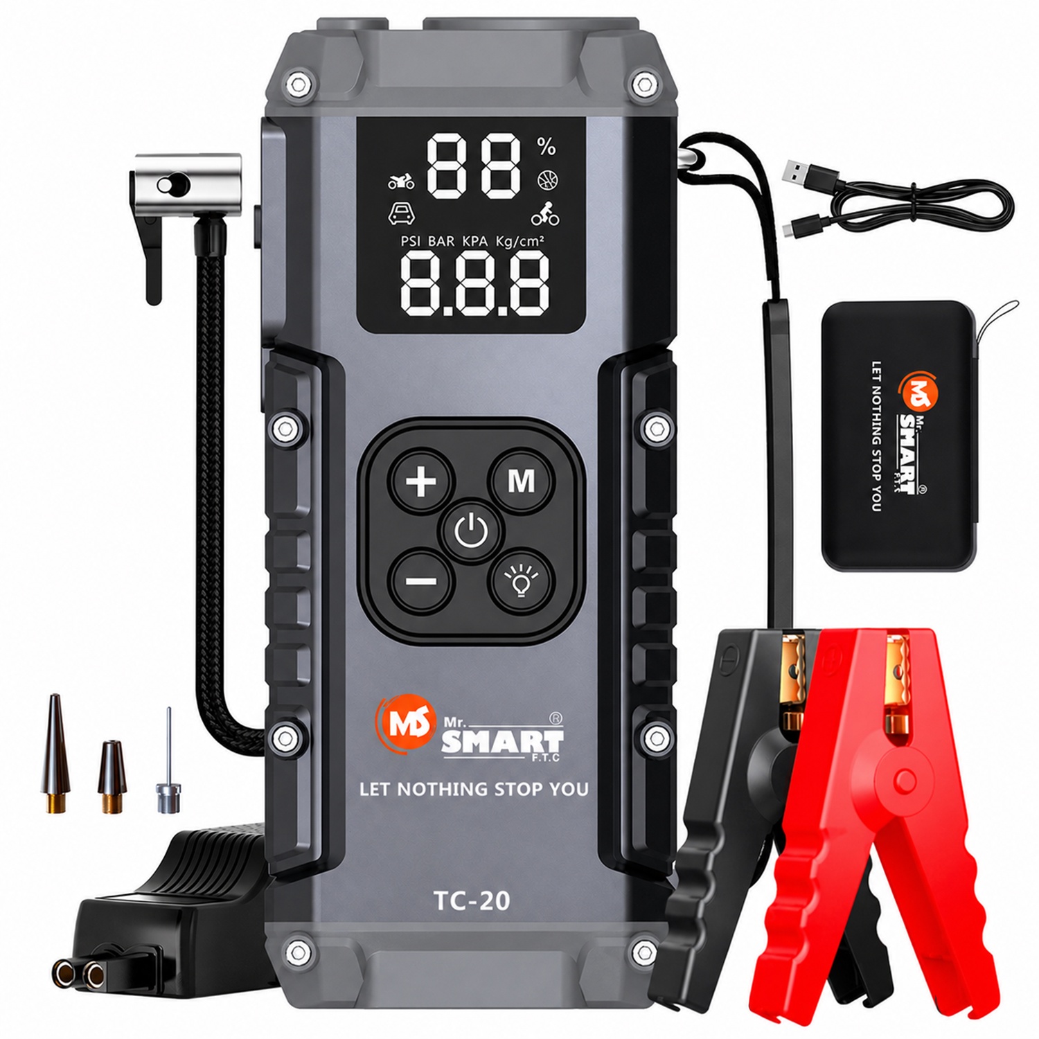 Mr. SMART TC-20 Jump Starter with Air Compressor, 20000mAh Power Bank, Digital Display, for Cars and Motorcycles