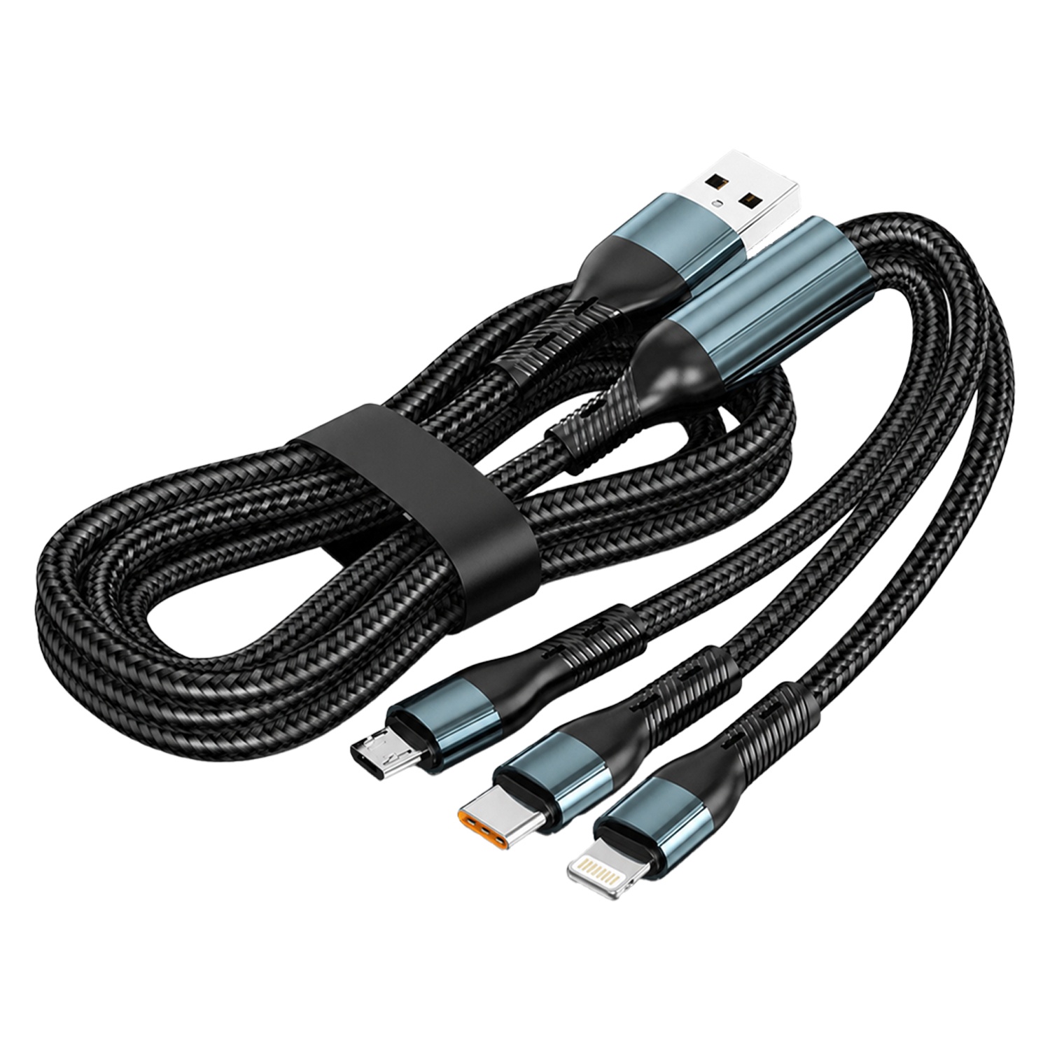 3-in-1 Multi Charging Cable, Nylon Braided, 1.5m, with Micro USB, Type-C, and Lightning Connectors, Smart Chip, Aluminium Alloy Plug