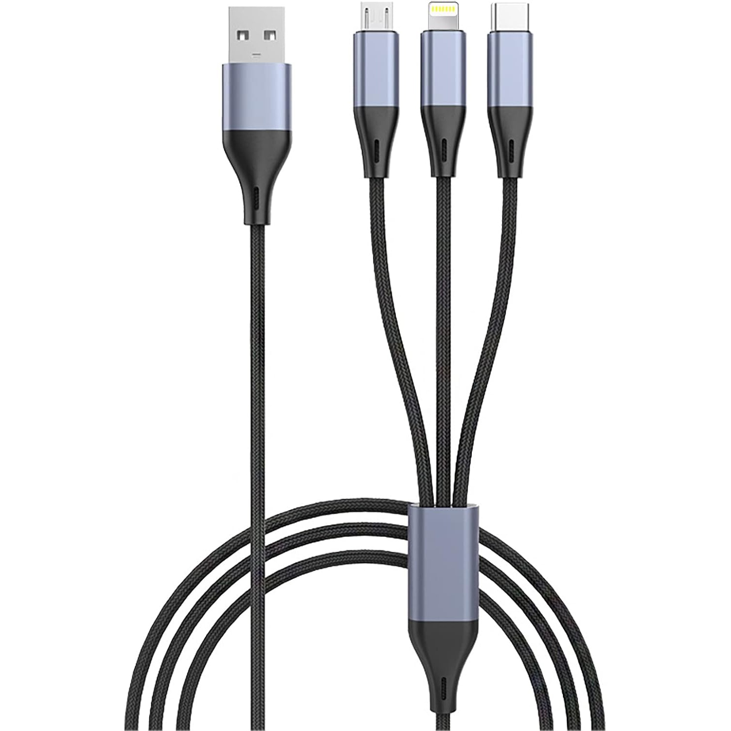 3-in-1 Multi Charging Cable, Nylon Braided, 1.5m, with Micro USB, Type-C, and Lightning Connectors, Smart Chip, Aluminium Alloy Plug