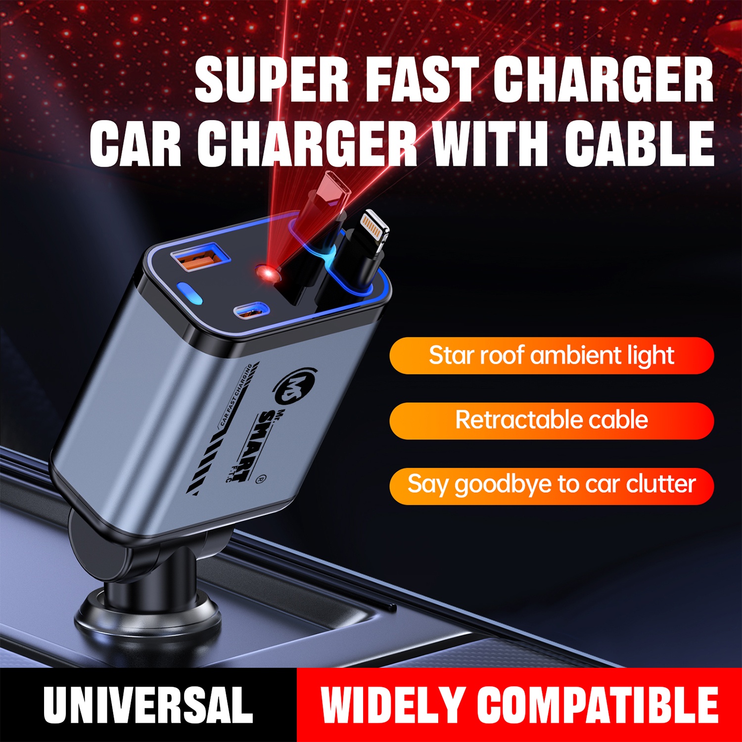 Mr. Smart Super Fast Car Charger with Retractable Cable, 4-in-1, USB-A and USB-C Ports, Star Roof Ambient Light