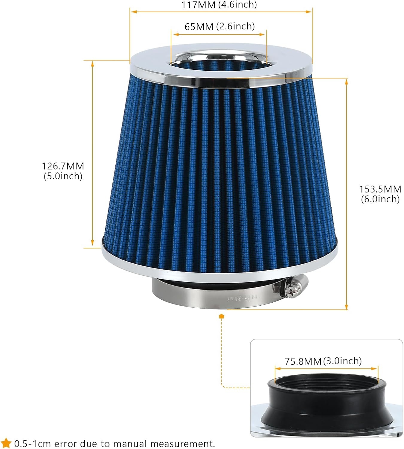Mr.Smart Performance Car Air Filter, Cone-Shaped, Washable Non-Woven Material, Red with Chrome Cap