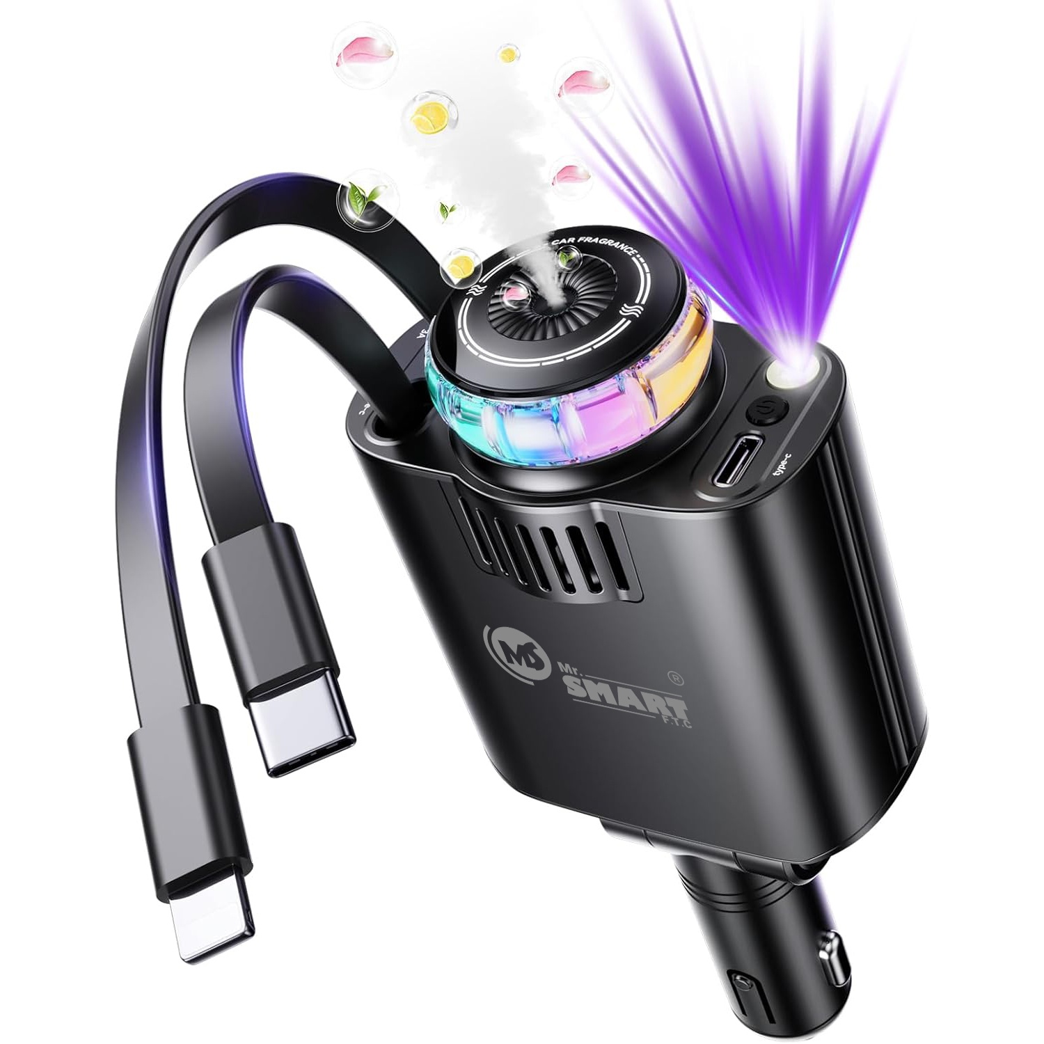 Mr. Smart 5-in-1 Car Charger, 69W Dual Fast Charging with PD3.0, Cup Holder Mount, 180° Rotatable, RGB Light