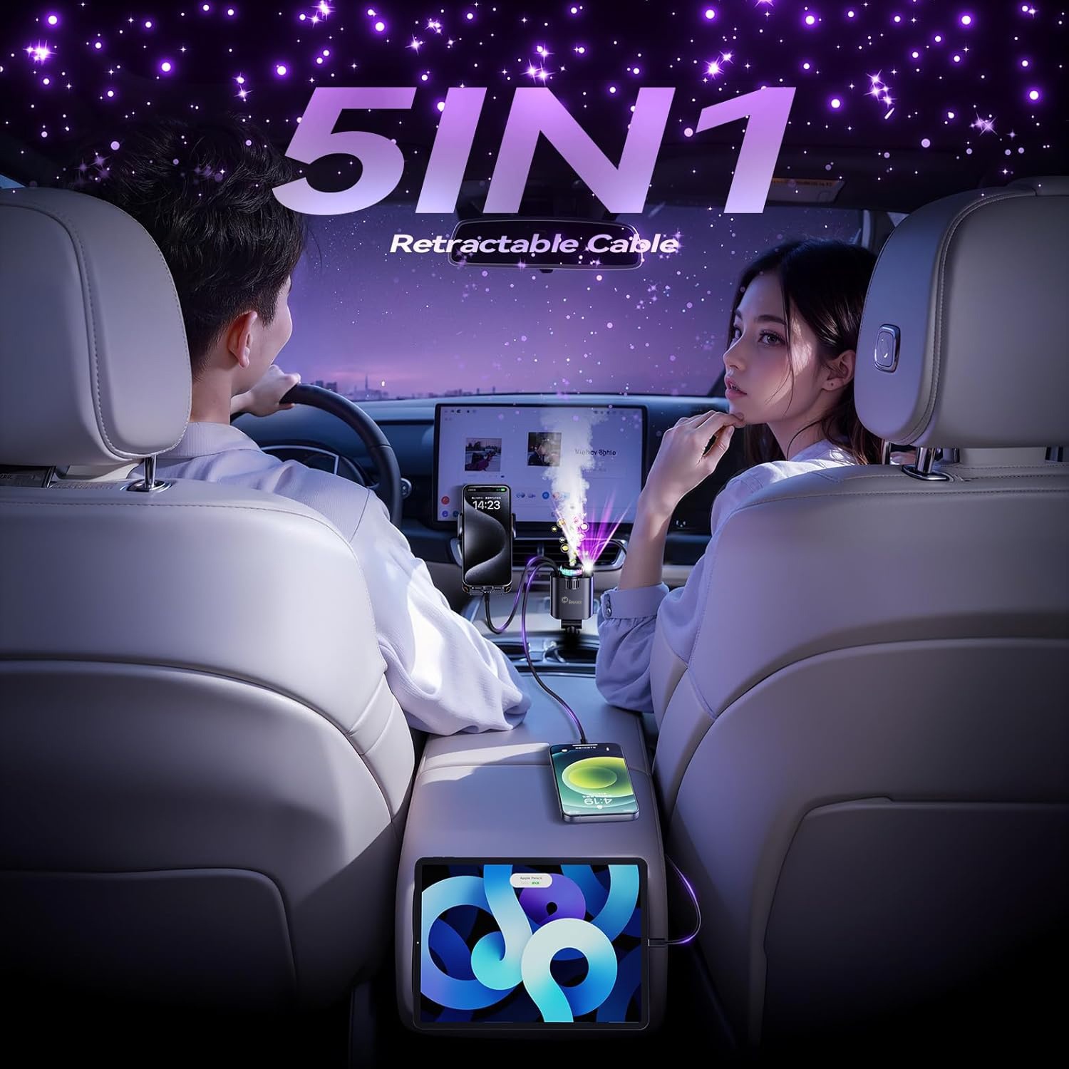 Mr. Smart 5-in-1 Car Charger, 69W Dual Fast Charging with PD3.0, Cup Holder Mount, 180° Rotatable, RGB Light