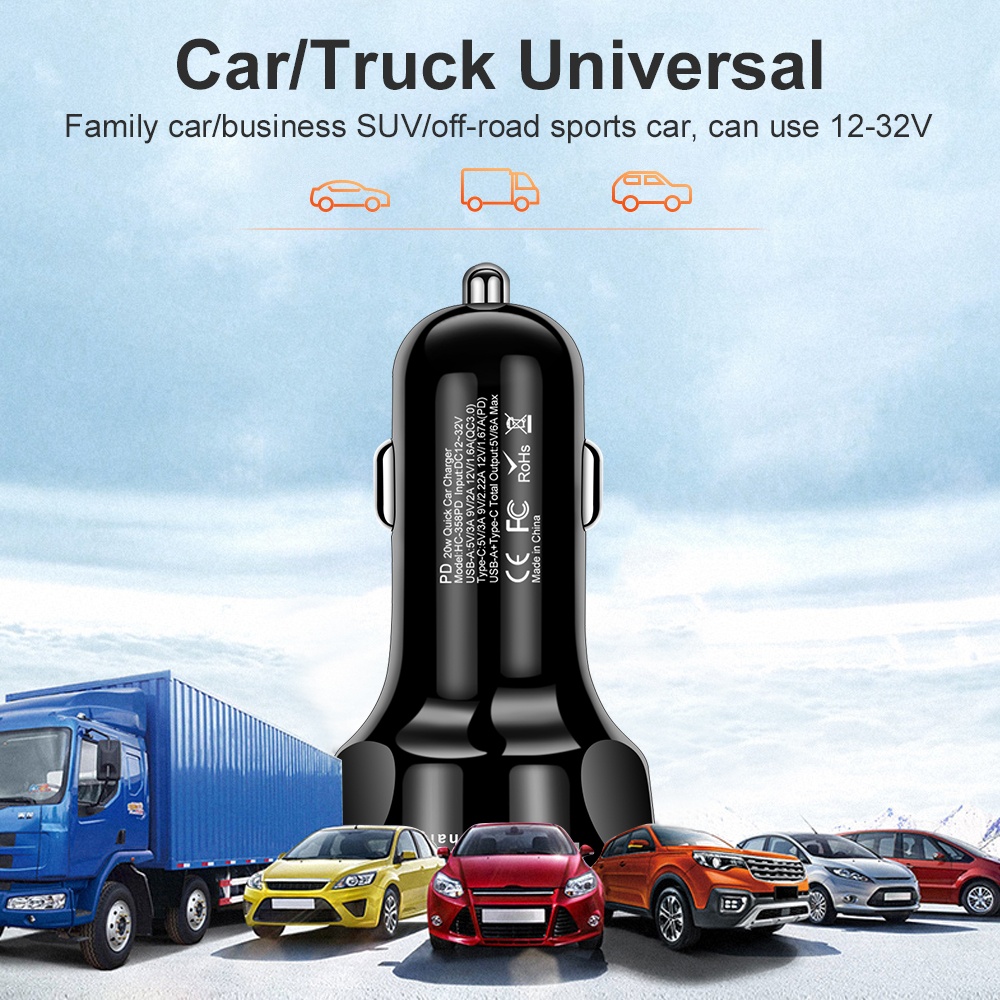 Mr.SMART 4-Port Car Charger with PD 20W and QC 3.0, Dual USB and Dual Type-C, Universal for Cars and Trucks 12-32V