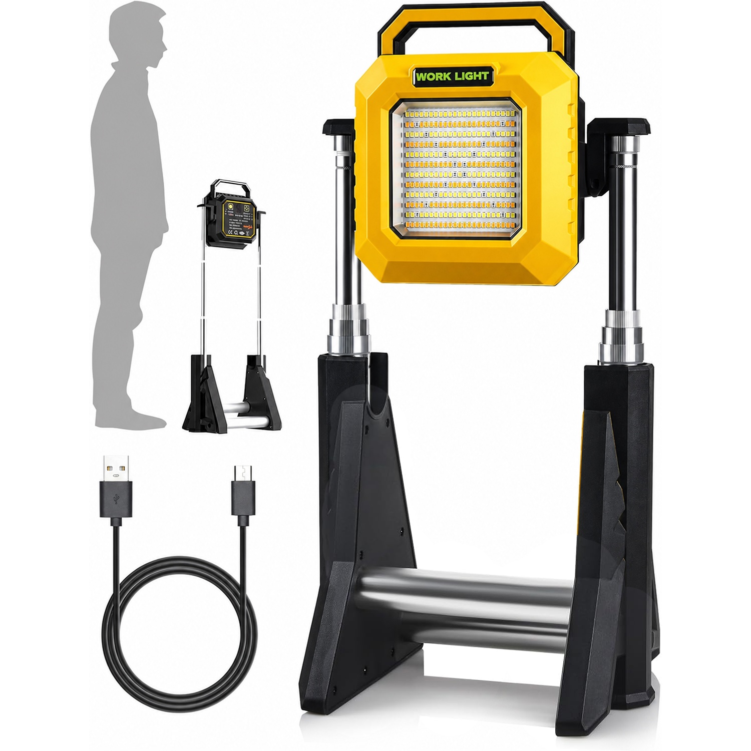 Portable LED Work Light with Stand, 3000LM, 360° Rotatable, USB Rechargeable, 10000mAh Battery, Adjustable Height, 6500K/2700K