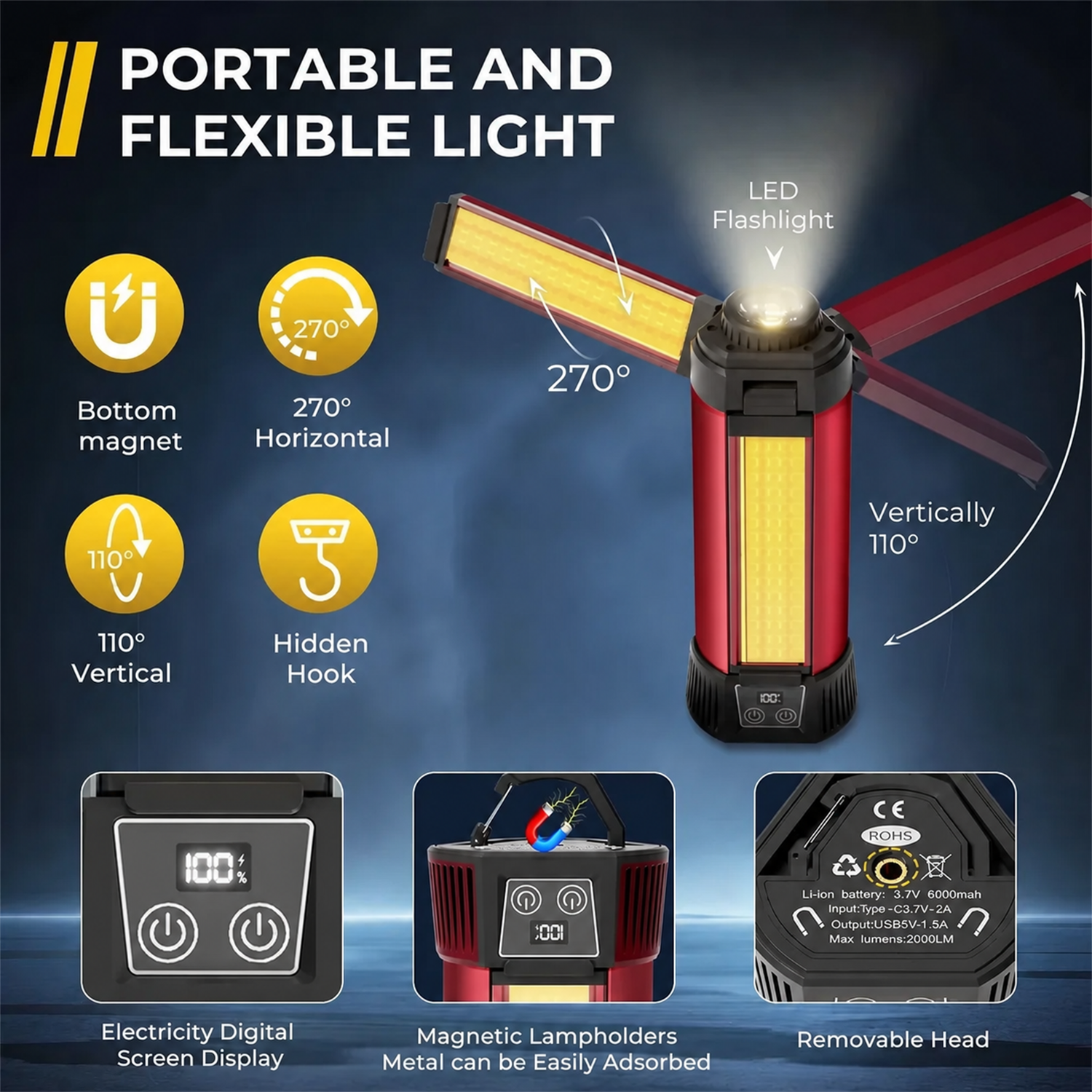 Mr Smart LED Work Light with Telescoping Stand, Wireless Rechargeable, Magnetic Base