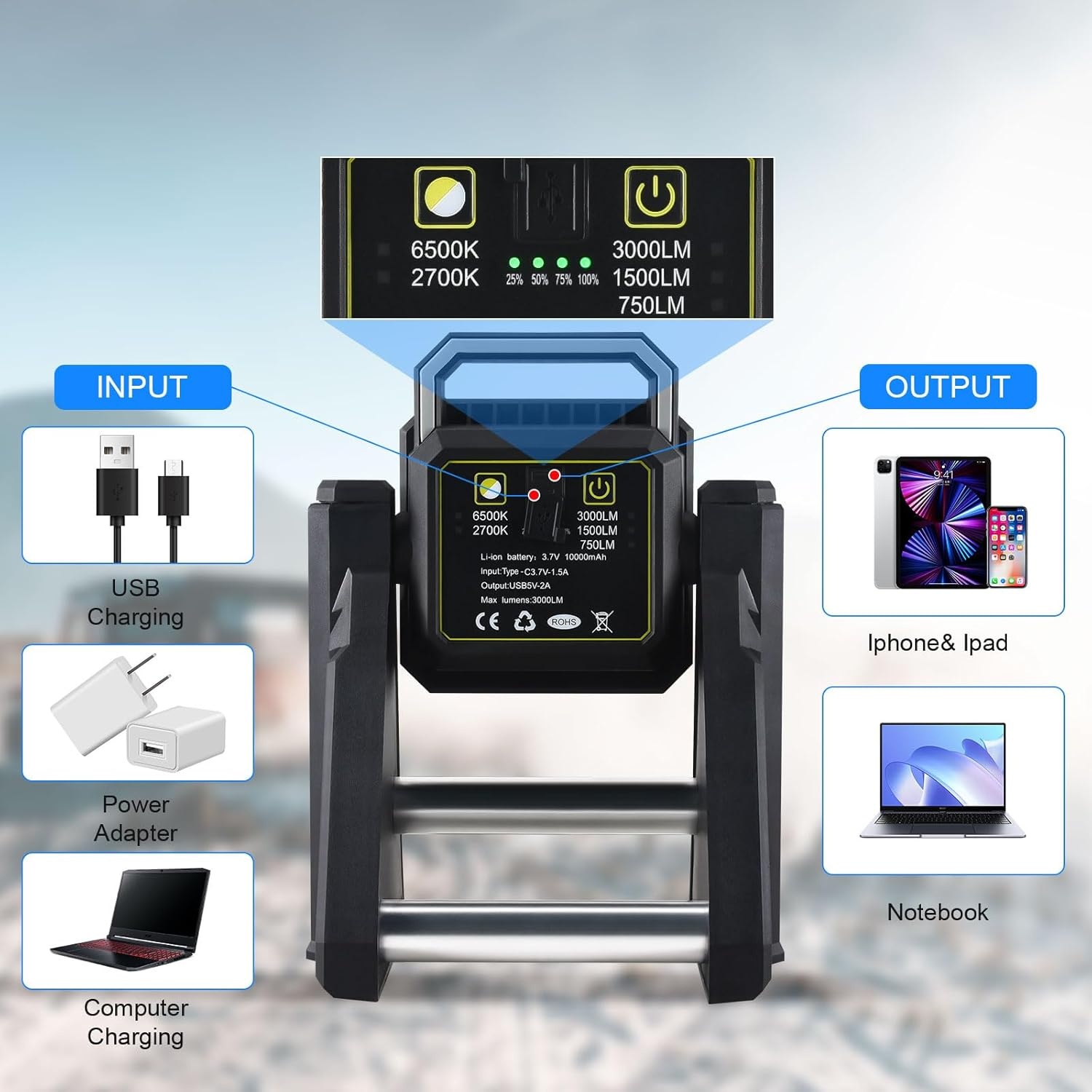 Portable LED Work Light with Stand, 3000LM, 360° Rotatable, USB Rechargeable, 10000mAh Battery, Adjustable Height, 6500K/2700K