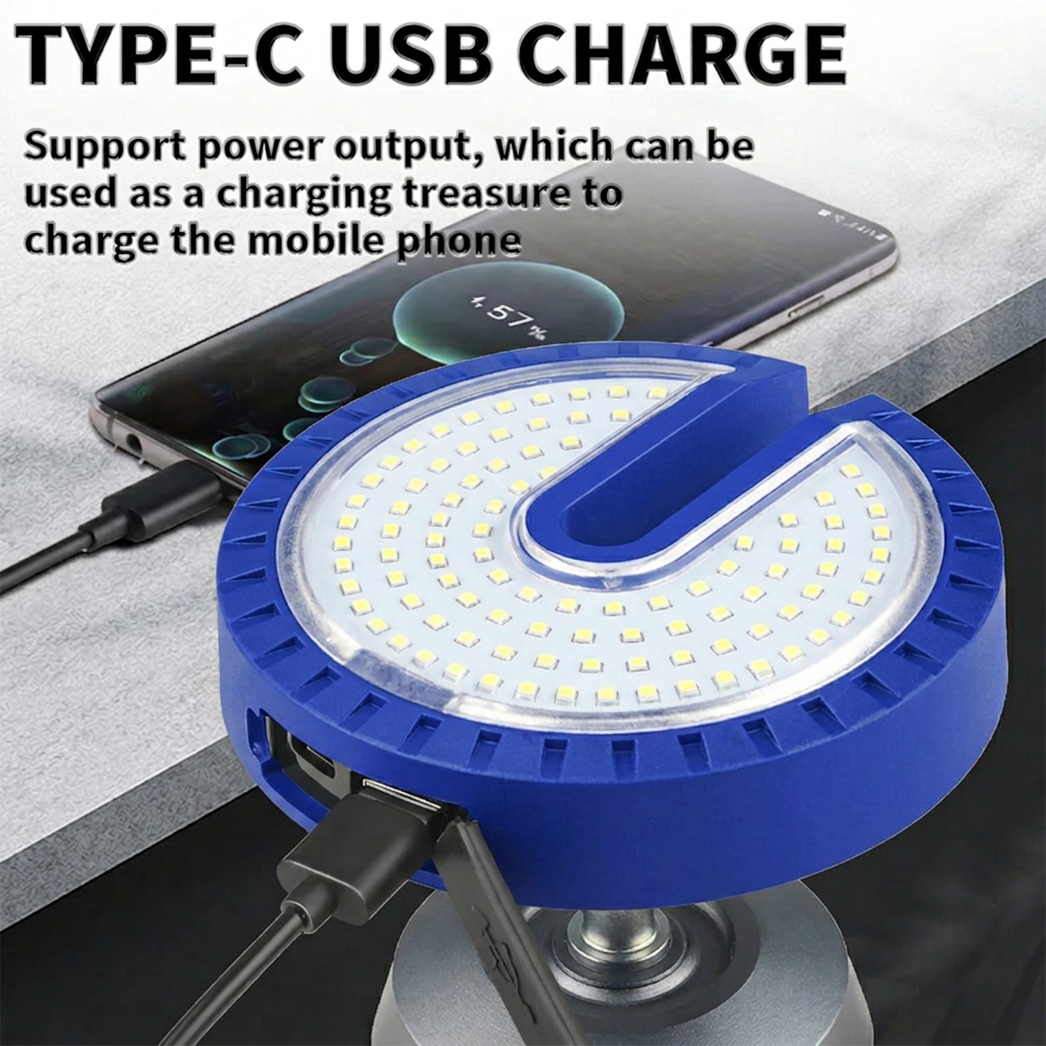 LED Camping Lantern with Solar Charging and Type-C USB, Rechargeable, Blue, Tripod Stand Included