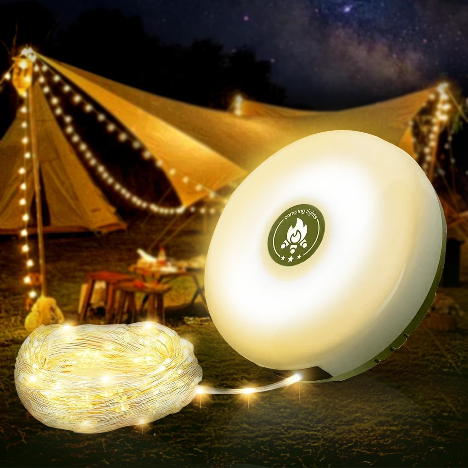 2 in 1 Camping Light with String Lights, 5 Lighting Modes, Warm and Colourful LED, Rechargeable Outdoor Tent Lamp