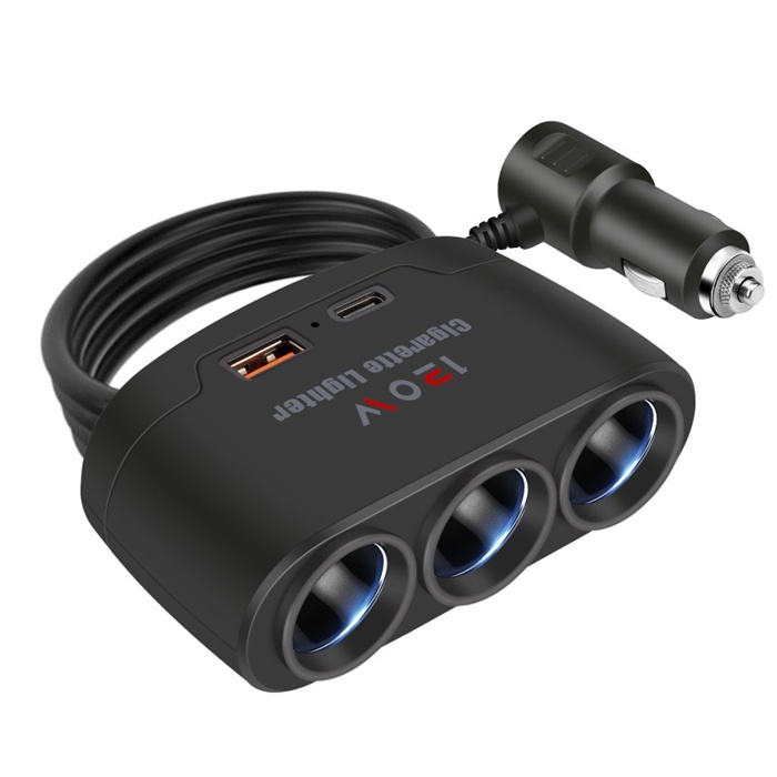 3-Way Car Cigarette Lighter Splitter Adapter, 120W, with USB and PD Port, Multi-Device Charging