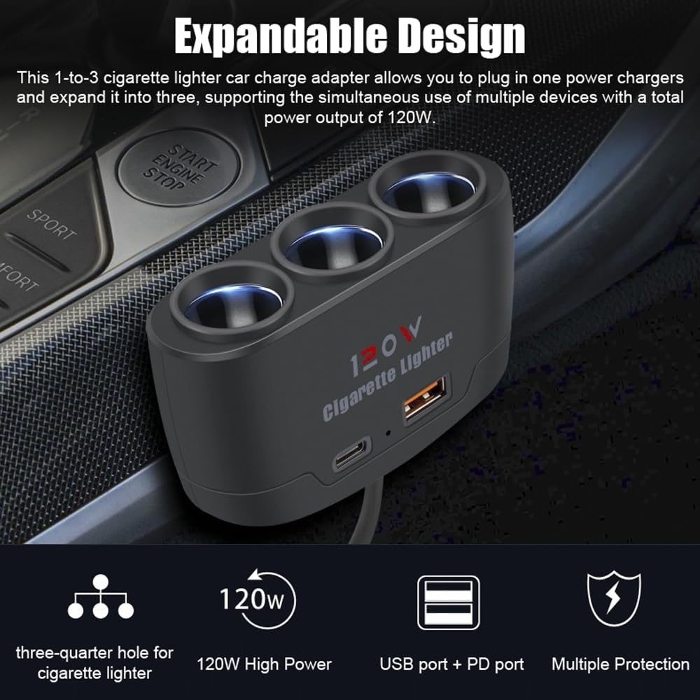 3-Way Car Cigarette Lighter Splitter Adapter, 120W, with USB and PD Port, Multi-Device Charging