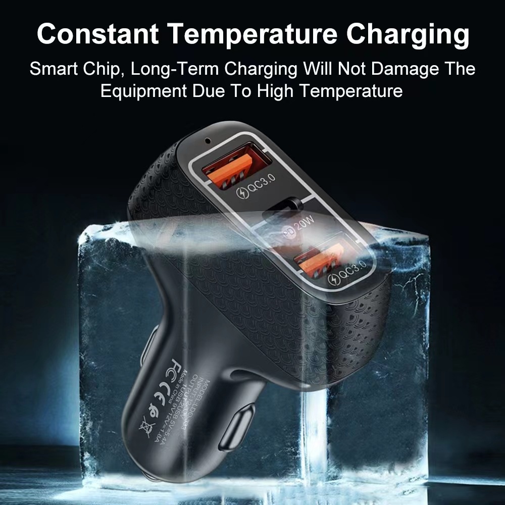 3-Port Car Charger with PD 20W USB-C and Dual QC3.0 USB Ports, Fast Charging, Smart Chip, Metal Buckle Design