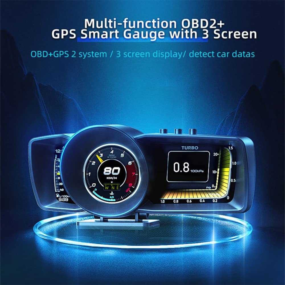 A600 Multi-Function OBD2 GPS Smart Gauge, 3 Screen Display, Speed RPM Turbo Pressure Monitor with 8 Alarm Functions