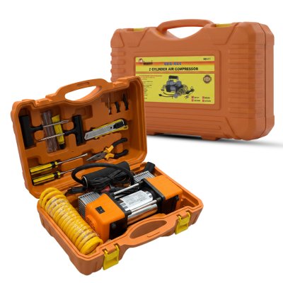MR-SMART 2 Cylinder Heavy Duty Air Compressor Kit, 12V, with Tyre Repair Tools, Coil Hose, and Multiple Nozzles, Orange