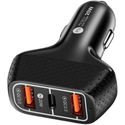 3-Port Car Charger with PD 20W USB-C and Dual QC3.0 USB Ports, Fast Charging, Smart Chip, Metal Buckle Design